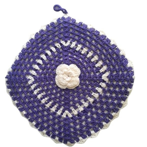 Hand Crocheted Pot Holder Hot Pad Trivet Deco Flower White Purple 8" - Picture 4 of 9